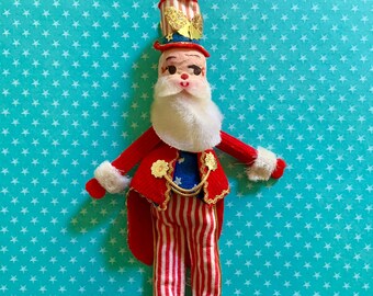 Vintage Uncle Sam Santa Claus 4th of July or Christmas Ornament Pose Doll Patriotic 8 Inches Tall