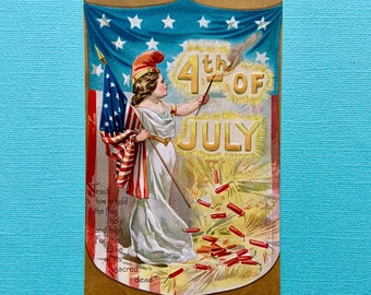 Vintage Unused 4th of July Postcard Miss Columbia Lighting Fire Crackers Holding Flag Lady Liberty