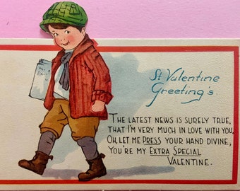 Vintage Unused Valentines Day Card Newspaper Boy in Love with Extra Special Valentine