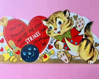 Vintage Unused Valentines Day Card Anthropomorphic Kitty Cat is Bowling