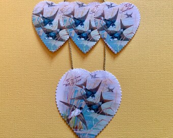 Vintage Unused Hanging Hearts Valentines Day Card Swallows Flying on Scalloped Hearts Blue Birds