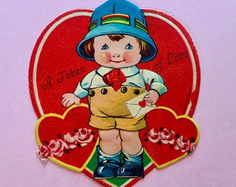 Vintage Valentines Day Card Chubby Boy Holding a Token of Love