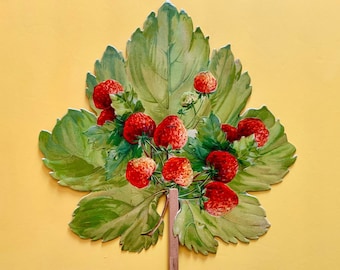 Vintage Advertising Paper Hand Fan Embossed Strawberries H M Burton Fire Life and Accident Insurance