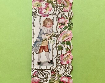 Vintage Valentines Day Card Boy in Fancy Clothes Surrounded by Pink Roses