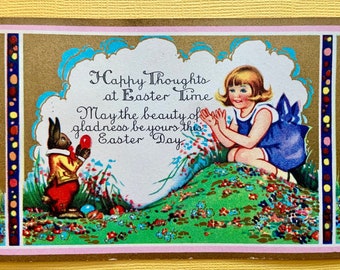 Vintage Easter Postcard Little Girl Asks for Egg from Anthropomorphic Easter Bunny Rabbit