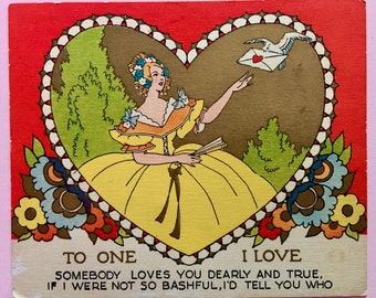 Vintage Valentines Day Card Romantic Woman in Dress Receives Love Letter from Dove