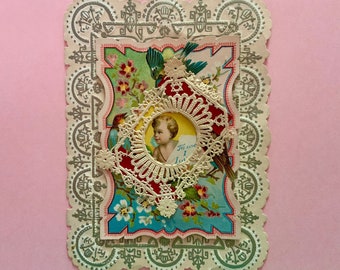 Vintage Unused Valentines Day Card Multi Layered with Paper Lace and Scraps Birds and Cupid