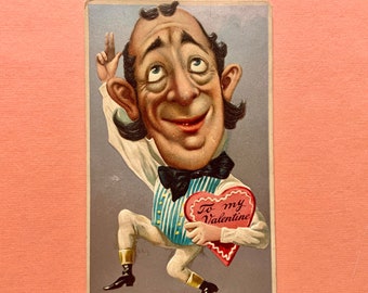 Vintage Valentines Day Postcard Man with Giant Head Dancing with Heart