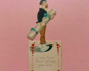 Vintage Valentines Day Card Man with Box of Flowers and Nowhere to Go