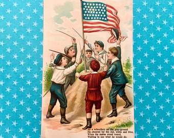 Vintage Patriotic Postcard 4th of July Boys Gathered Around American Flag