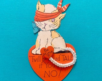 Vintage Valentines Day Card Injured Kitty Cat with Pipe Cleaner Tail