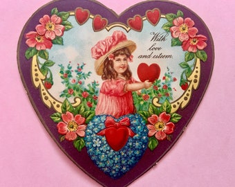 Vintage Valentines Day Card Child in Garden Holding a Heart With Love and Esteem