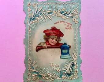 Vintage Valentines Day Card Boy Holding Axe with Hearts on the Blade and Romantic Poem Inside