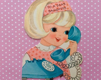 Vintage Birthday Card for Daughter Little Girl Talking on Telephone with Glitter Hair Signed
