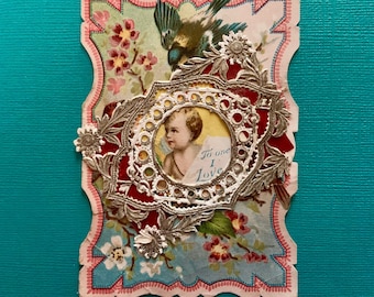 Vintage Valentines Day Card Multi Layered with Birds and Cupid