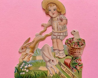 Vintage Easter Greeting Card Child Playing with Bunny Rabbits in a Meadow