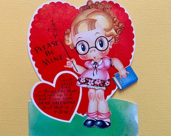 Large Vintage Mechanical Valentines Day Card Girl with Glasses Playing Teacher