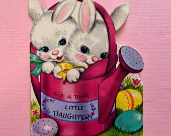 Vintage Easter Greeting Card Two Bunny Rabbits Inside of a Watering Can