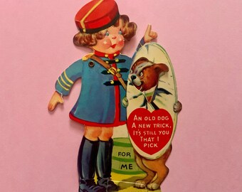 Vintage Mechanical Valentines Day Card Ringmaster with Circus Dog Jumping Through Hoop