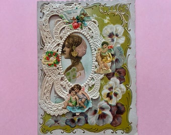 Vintage Valentines Day Card Multi Layered with Beautiful Woman Surrounded by Pansies