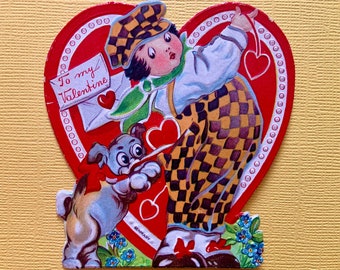 Vintage Valentines Day Card Boy in Checkered Pants  with Dog and Hearts Germany
