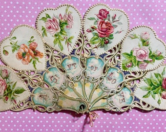 Vintage Valentines Day Hand Fan 6 Panel Romantic Roses Fold Out Embossed Fan