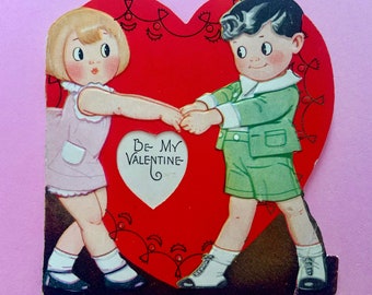 Vintage Valentines Day Card with Cut Out Heart Boy and Girl Holding Hands