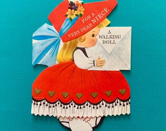 Vintage Unused Mechanical Birthday Card for Niece Walking Doll with Rotating Feet