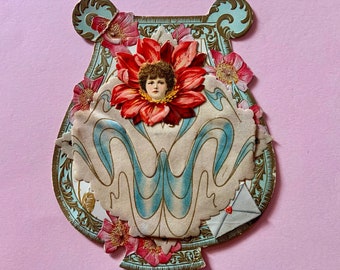 Large Vintage Valentines Day Card Paperboard Lyre with Child's Face Inside of Flower