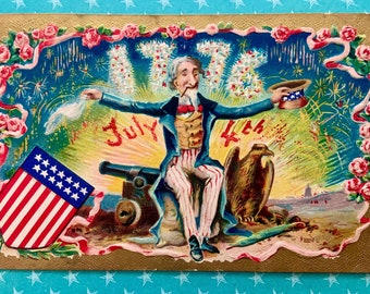 Vintage 4th of July Postcard Folk Art Style Uncle Sam with fireworks Cannon and Eagle Patriotic Outsider Art