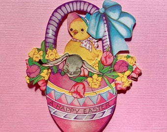 Vintage Easter Greeting Card Chick and Bunny Rabbit Inside of Egg Shaped Basket