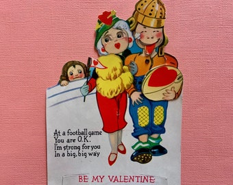 Vintage Unused Mechanical Valentines Day Card Goofy Football Player with Flapper Cheerleader