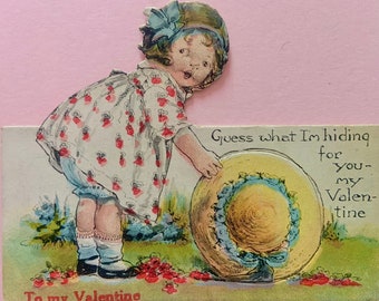 Vintage Valentines Day Card Girl Hiding Her Heart Beneath Her Hat Grace Drayton