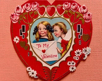 Vintage Valentines Day Card Boy and Girl Inside Fancy Embossed Heart Frances Brundage