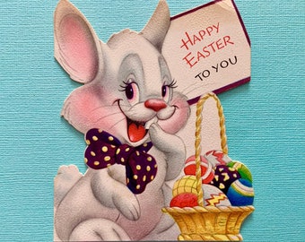 Vintage Easter Greeting Card Anthropomorphic Bunny Rabbit with Bow Tie and Easter Basket