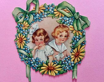 Vintage Valentijnsdag kaart kinderen binnenkrans van bloemen Daisy en vergeet me niet