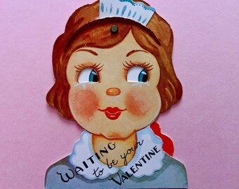 Vintage Mechanical Valentines Day Card Waitress with Moving Eyes Waiting For You