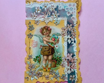 Vintage Unused Valentines Day Card Cupid with Satchel and Love Letters