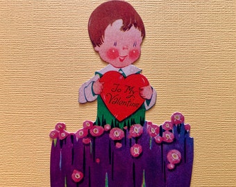 Vintage Valentines Day Card Boy Holding Heart Behind Picket Fence
