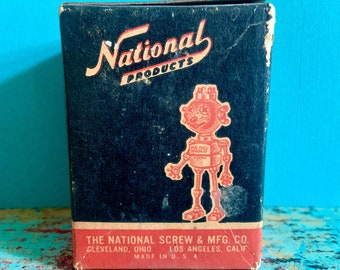 Vintage Empty National Products Box with Robot Made of Hardware on Lid Wood Screws