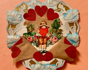 Large Vintage Valentines Day Card Paper Board and Scraps with Easel on the Back Boy Holding Heart