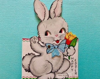 Vintage Mechanical Easter Greeting Card Anthropomorphic Bunny Rabbit with Moving Eyes
