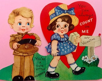 Vintage Valentines Day Card Boy in Army Uniform and Girl with Numbers on Her Dress Military WW2 Era