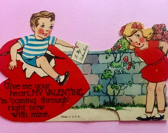Vintage Valentines Day Card Boy Breaking Through Heart to Deliver Valentine to Girl