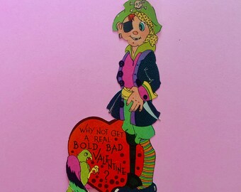 Vintage Valentines Day Card Pirate with Parrot Bright Psychedelic Patterns Carrington Card