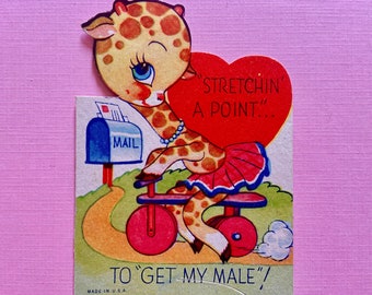 Vintage Valentines Day Card Giraffe Riding a Bicycle to the Mailbox