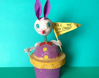 Vintage Easter Candy Container Purple and Yellow Bunny Rabbit with Glitter and Bobble Head Fill Me With Candy