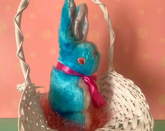 Vintage Stuffed Blue Easter Bunny with Googly Pink Eyes 10 Inch Rabbit