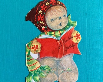 Vintage Flocked Christmas Card Anthropomorphic Bear Singing Carols