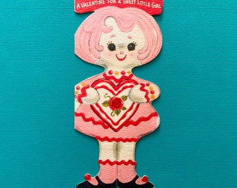 Vintage Valentines Day Card Frosted Cookie Girl Holds Heart Pink Hair Gingerbread Girl